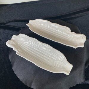 Vintage  White Ceramic Pottery Corn on the Cob Serving Trays - Set of 2